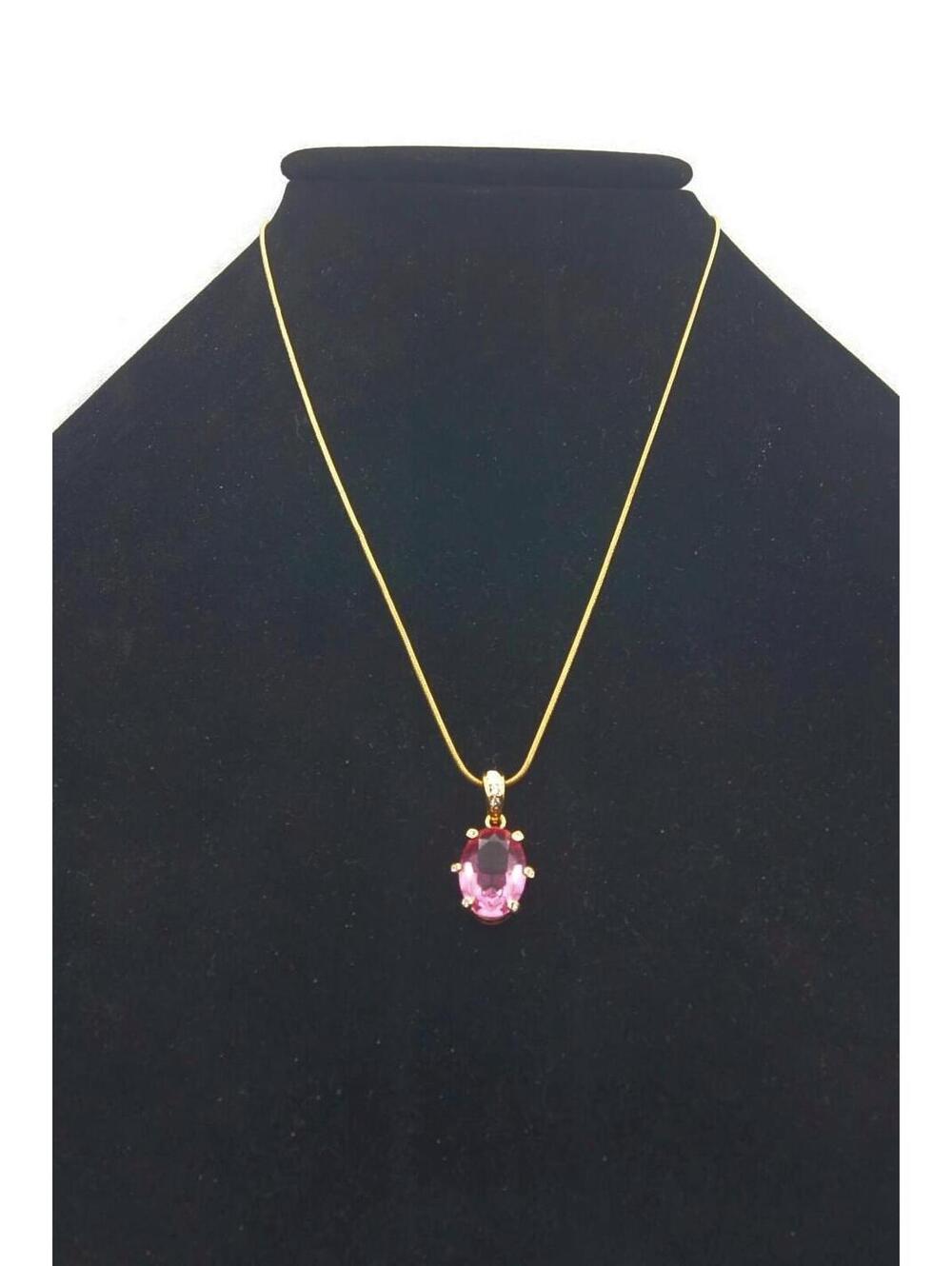 VTG Gold Tone, Pink Acrylic & Clear Stones Faceted Pendant Necklace, 18" Chain. - Picture 4 of 5